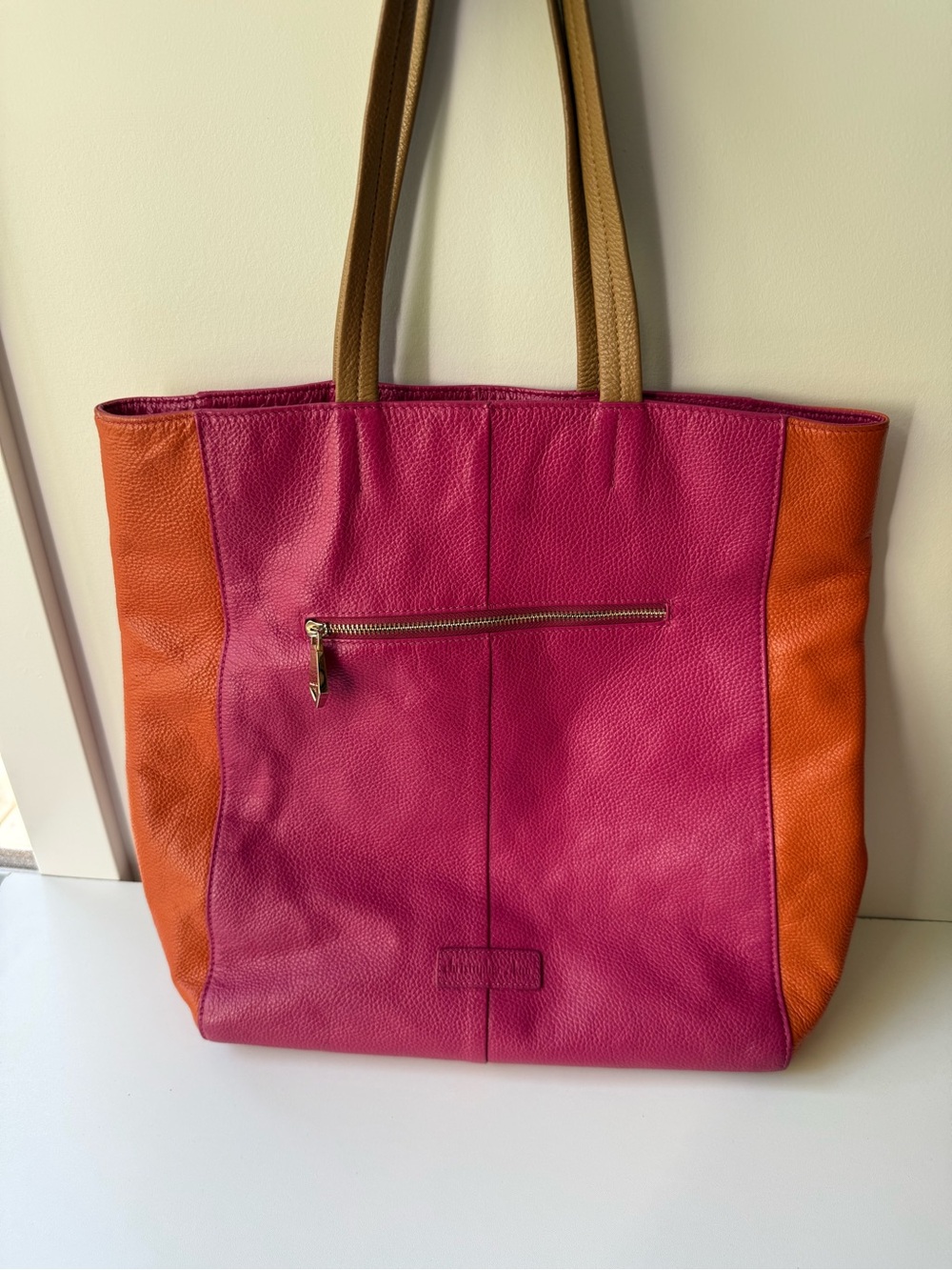 Colorblock Pink and Orange Leather Tote with Tan Straps